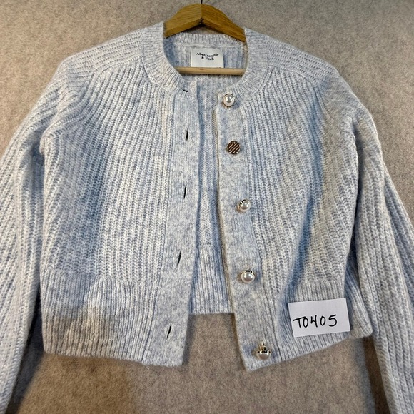 Abercrombie & Fitch Light Blue Ribbed Cropped Cardigan Pearl Button Sweater XXS - Picture 6 of 6